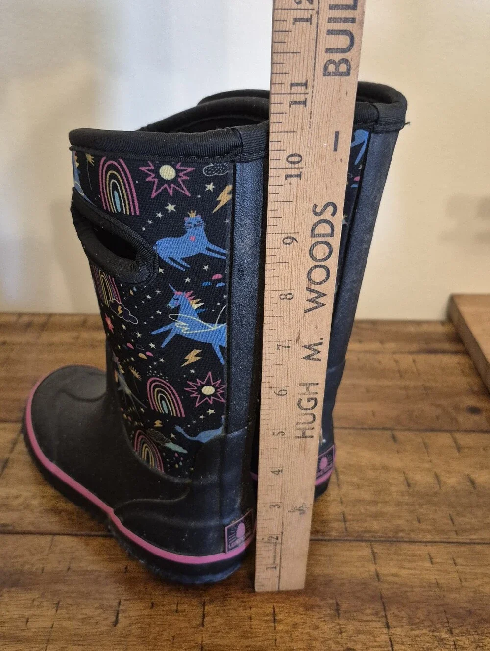 Lone Cone Kids' Black Rain Boots with Colorful Unicorn & Rainbow Print 12